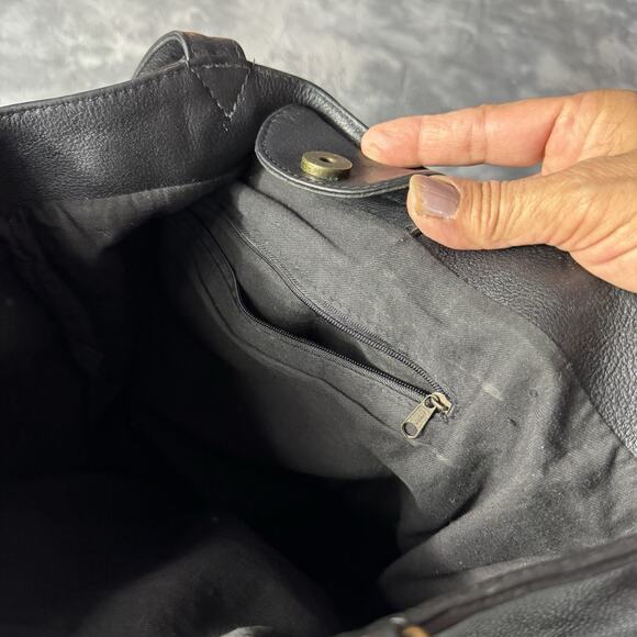 Black Leather Shoulder Bag Hobo Style Double Top Handle Purse Minimal Unbranded - Picture 7 of 13